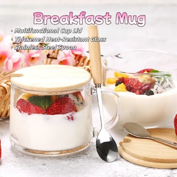 Large Capacity Japanese Glass Mug with Lid & Spoon – Breakfast Cup for Milk, Juice, Oatmeal, or Coffee