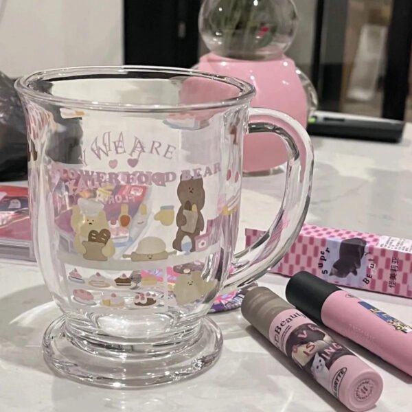 Cute Bear Glass Cup – Green Apple Color, Heat-Resistant, Large Capacity, Portable INS-Style Cartoon Design - 图片 4